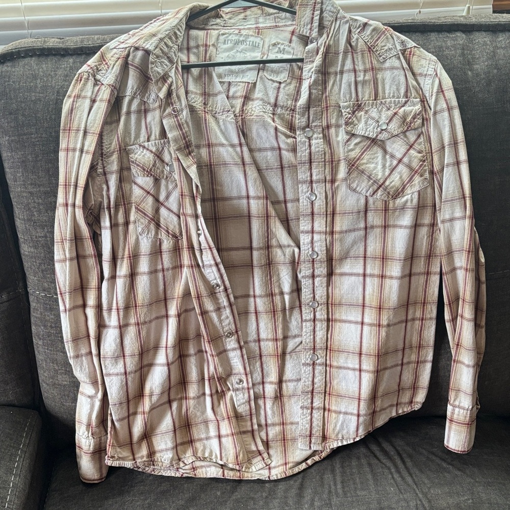 Aeropostale Cream and Red Plaid Shirt
